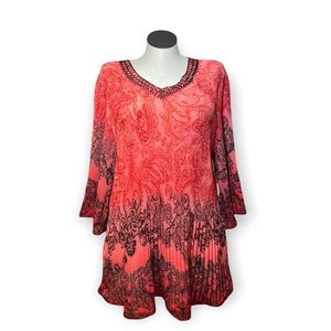 Catherines woman plus size paisley pleated Red Black beaded VNeck blouse Sz 2X
